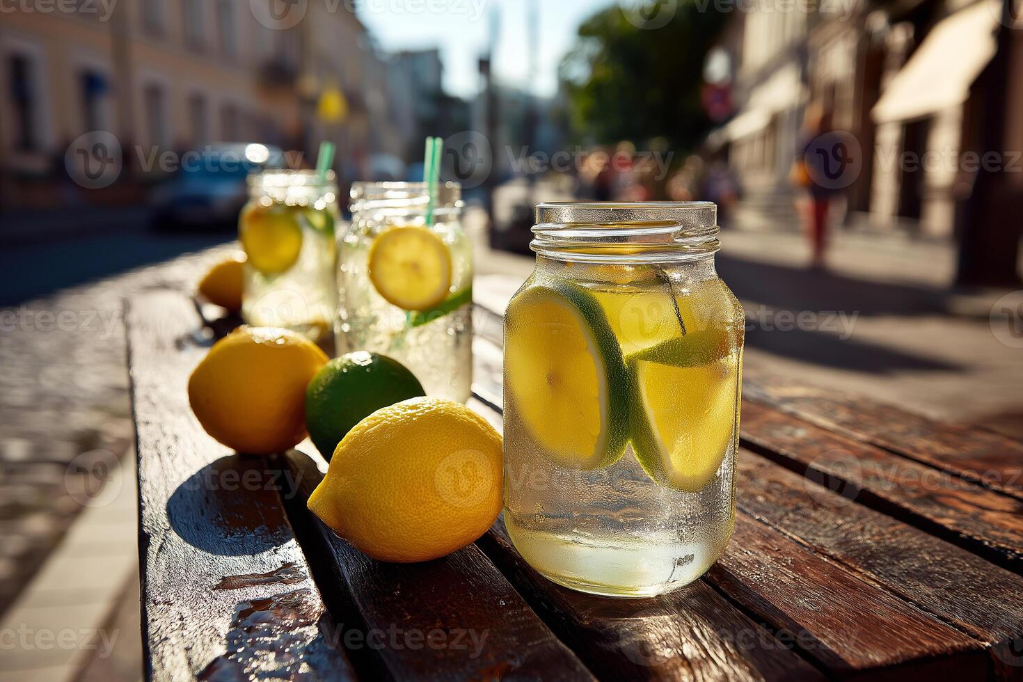 Three jars of lemonade on a wooden table photo