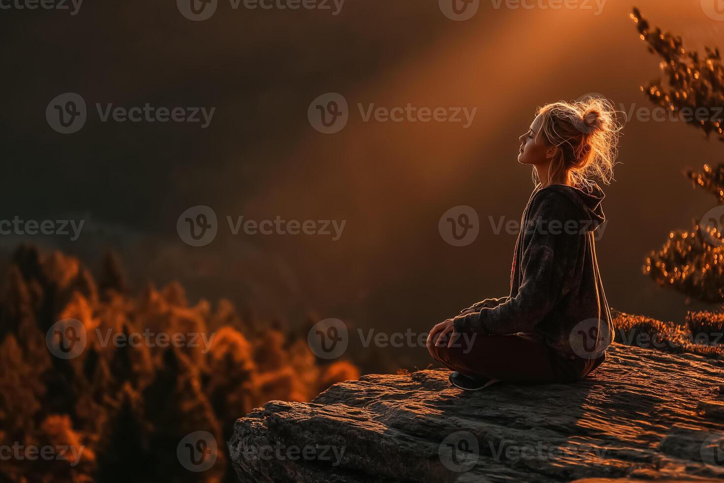 A woman sitting on a rock overlooking the mountains photo