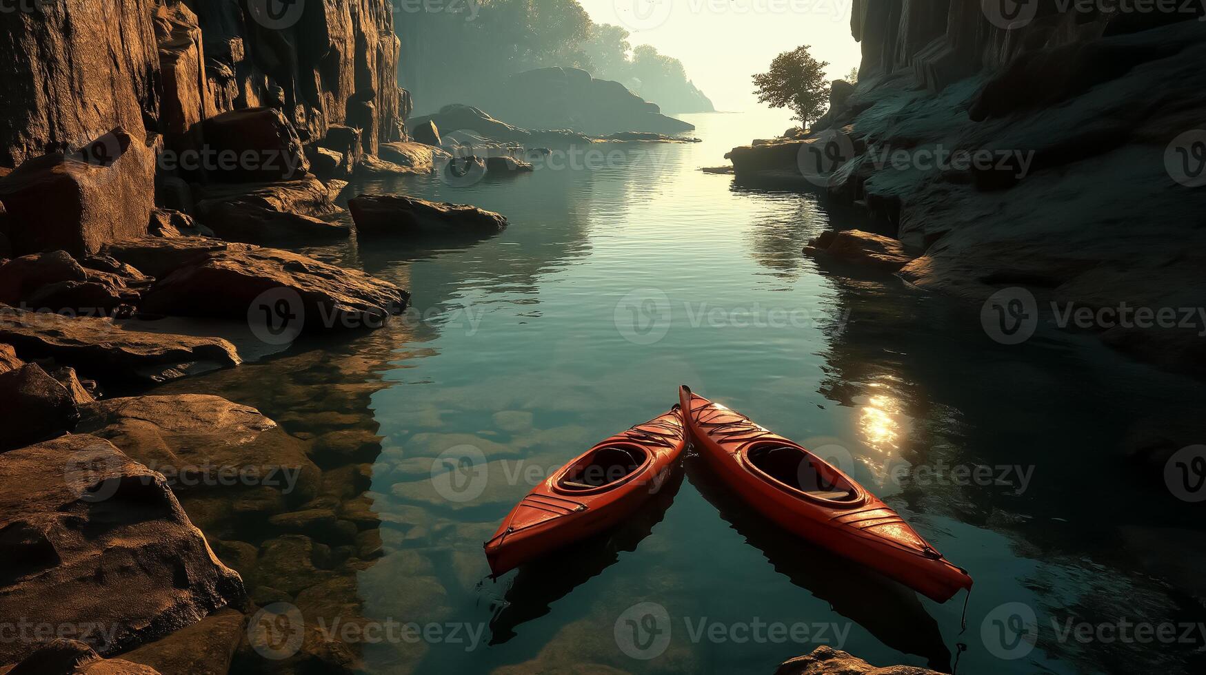 Two red kayaks sit on the water in a canyon photo