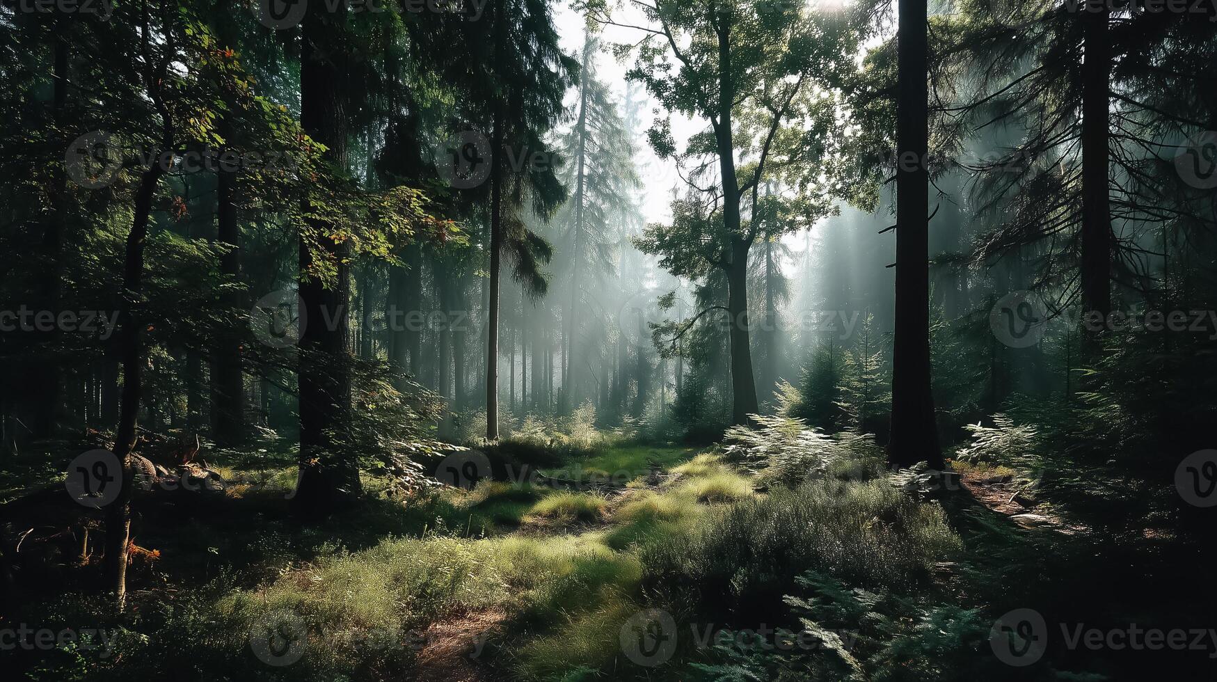 A forest with trees and grass in the middle photo