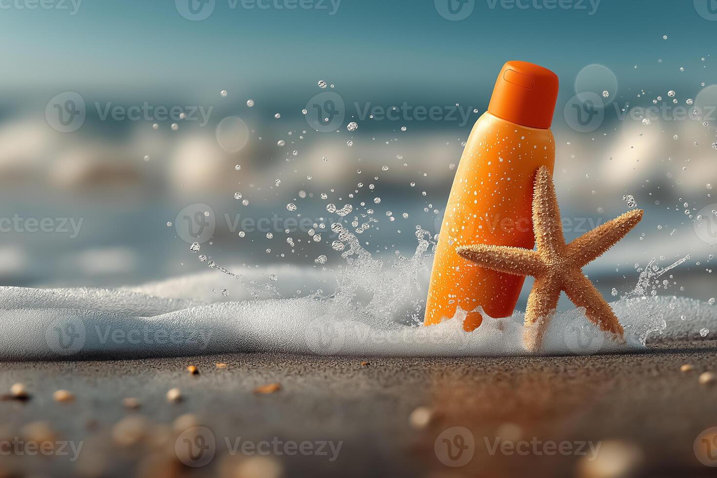 An orange tube of sunscreen on the beach with a starfish photo