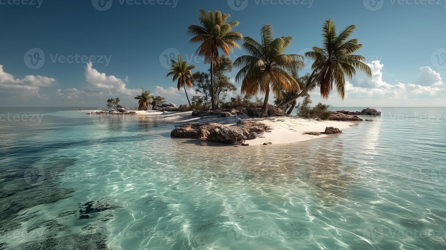 An island with palm trees and water photo