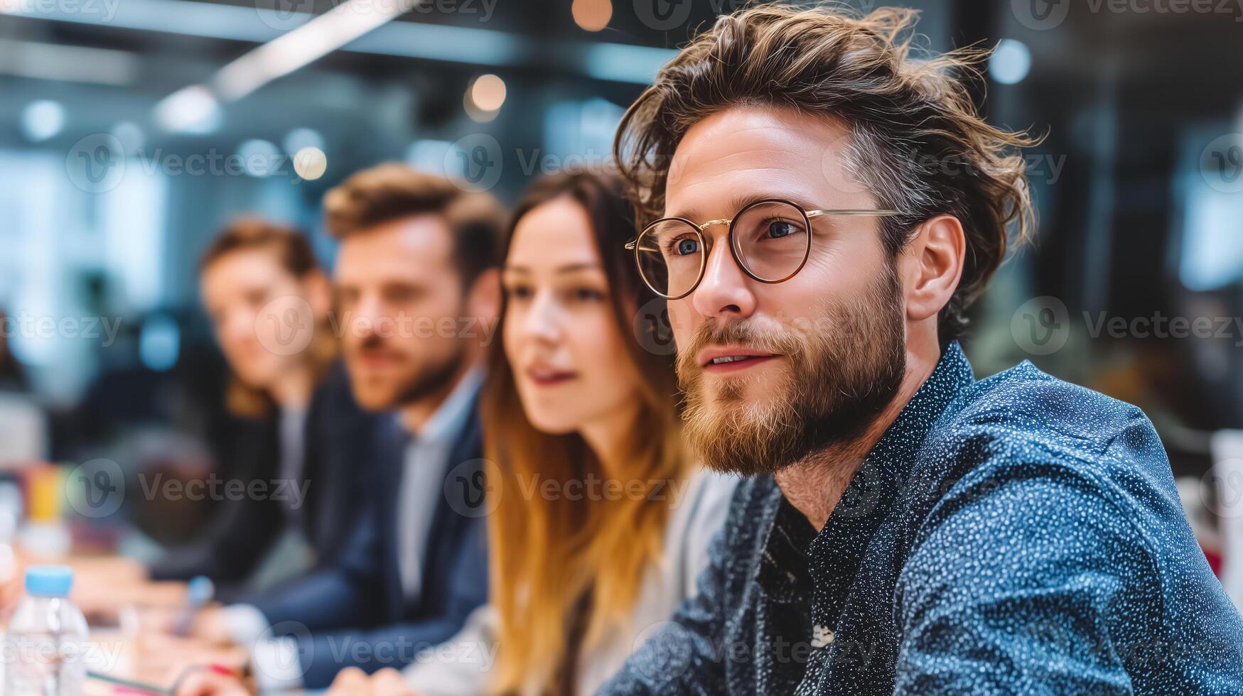 A group of people sitting at a table in an office photo