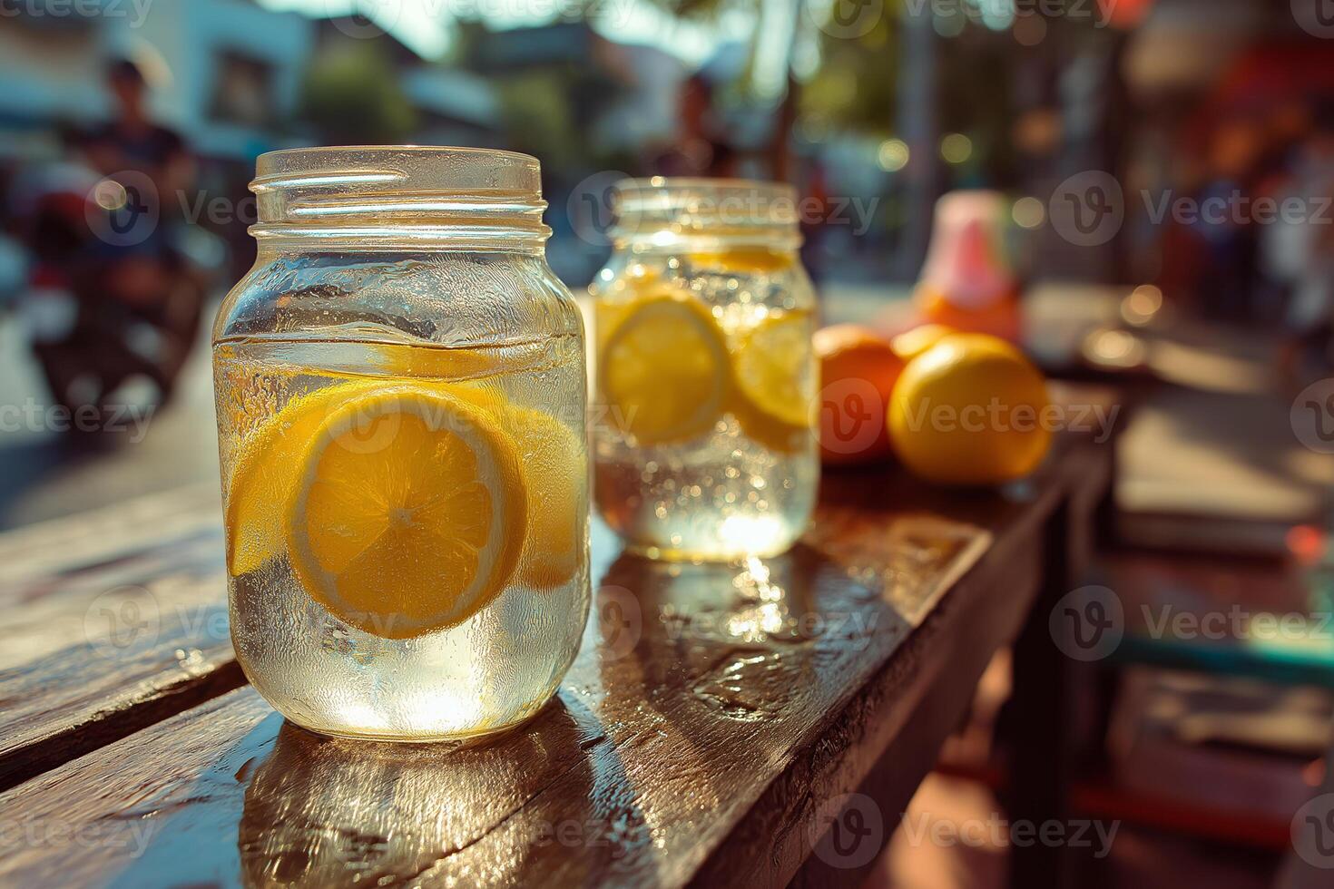 Two mason jars with lemon slices sitting on a table photo