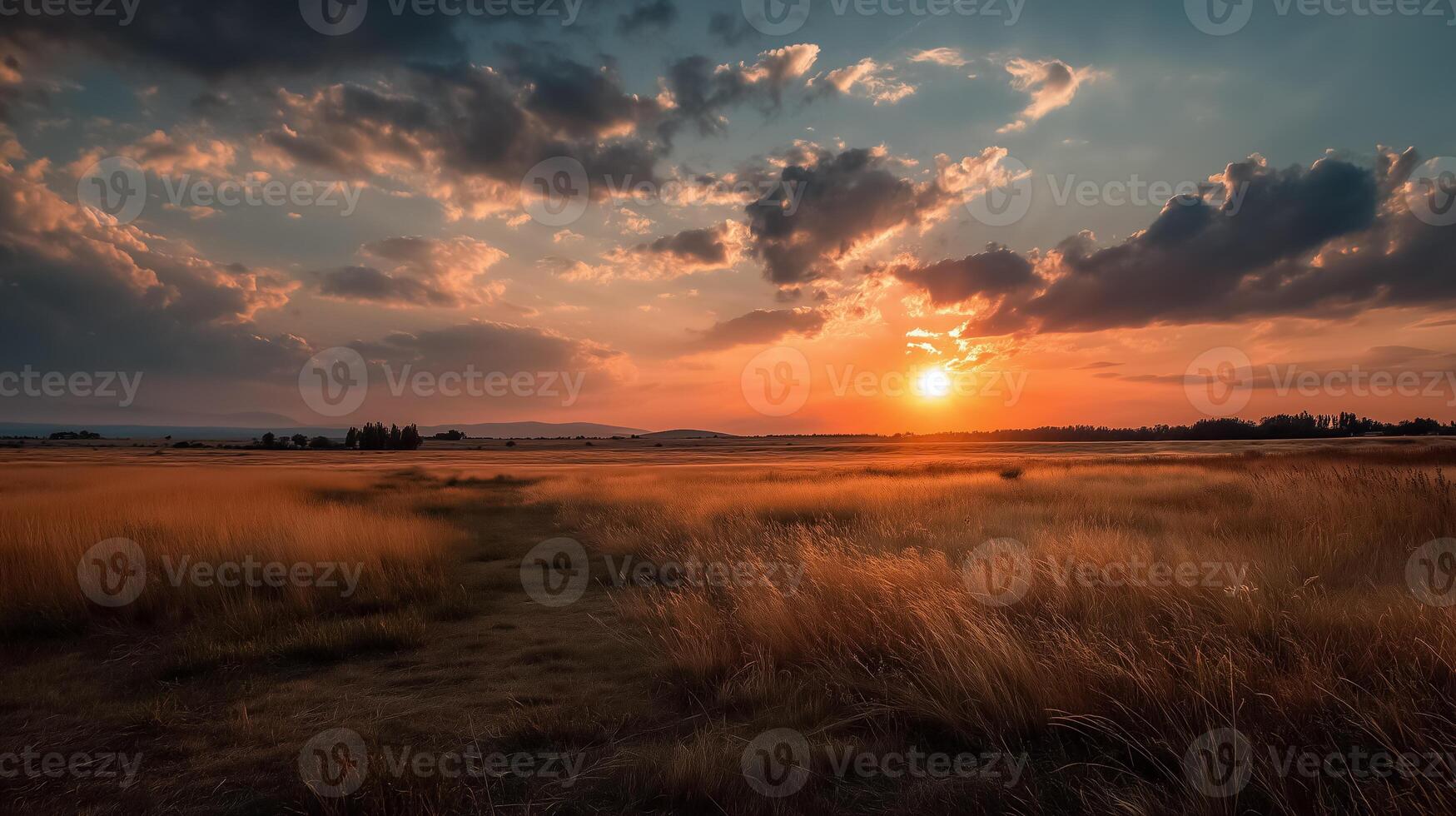 A sunset over a field with tall grass photo