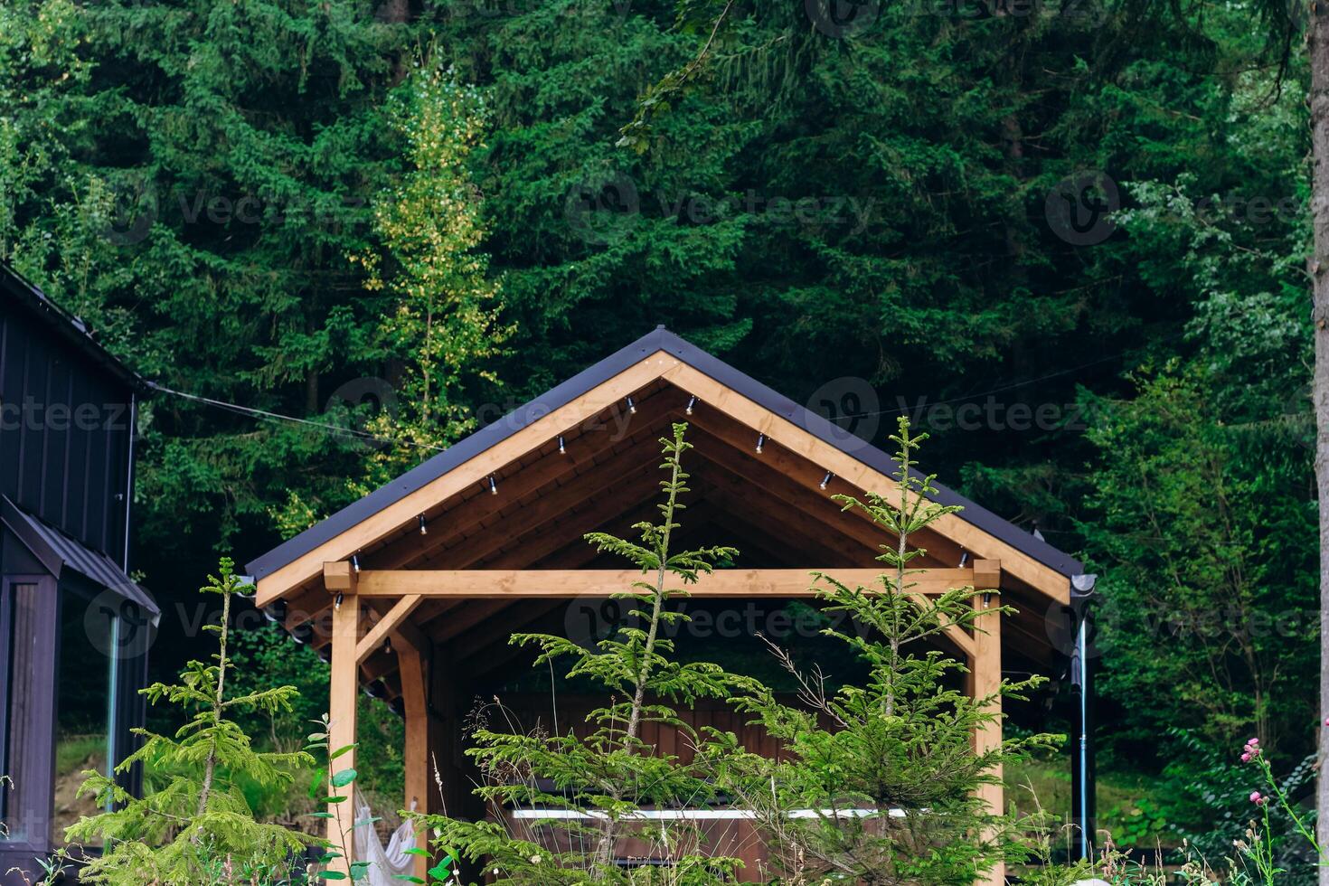 Wooden pavilion surrounded by lush trees in a serene forest setting photo