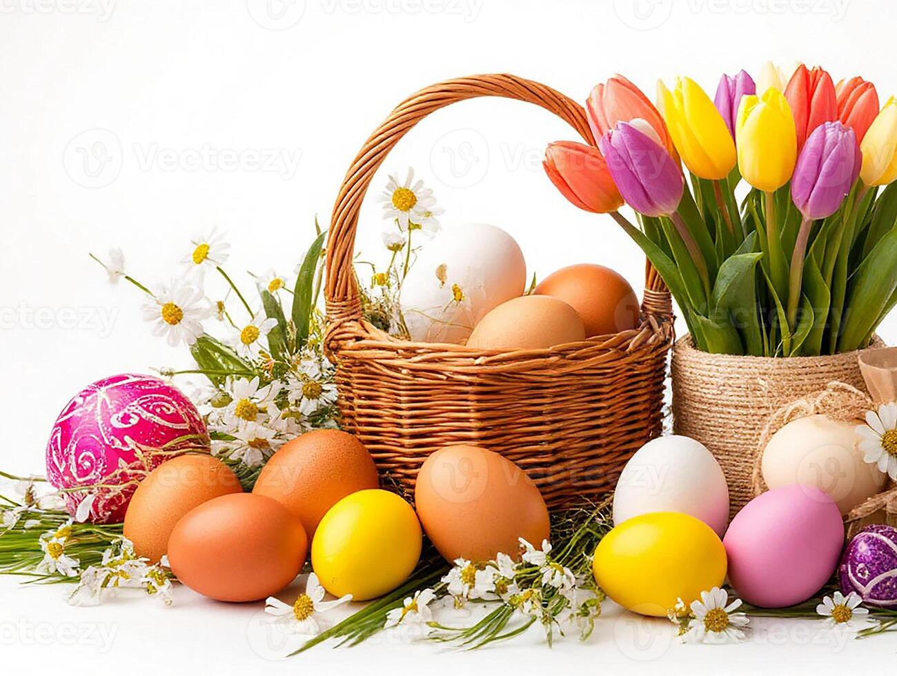 basket contains painted Easter eggs in various colors, including orange, yellow, pink, and white. photo
