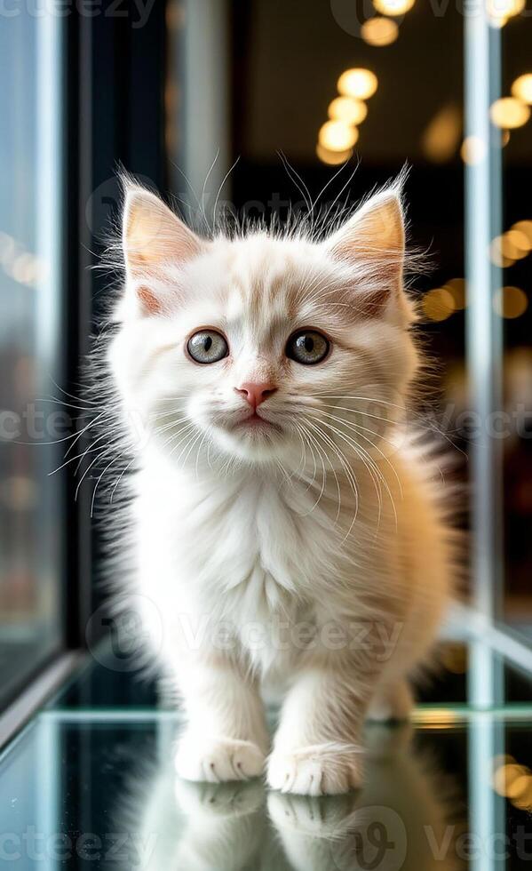 A fluffy white kitten with bright, inquisitive eyes stands on a reflective glass surface, likely a window sill photo