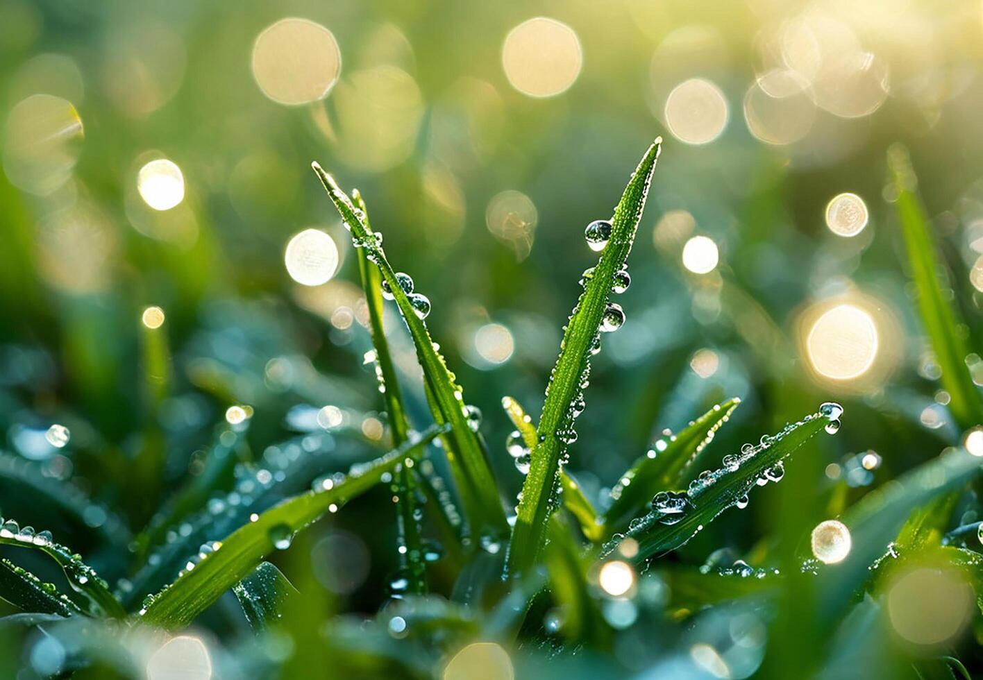 green grass at dawn in the rays of the sun with dew drops photo