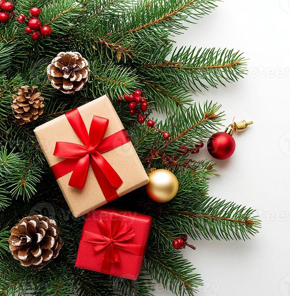 branches adorned with red berries and pine cones create a festive backdrop. photo