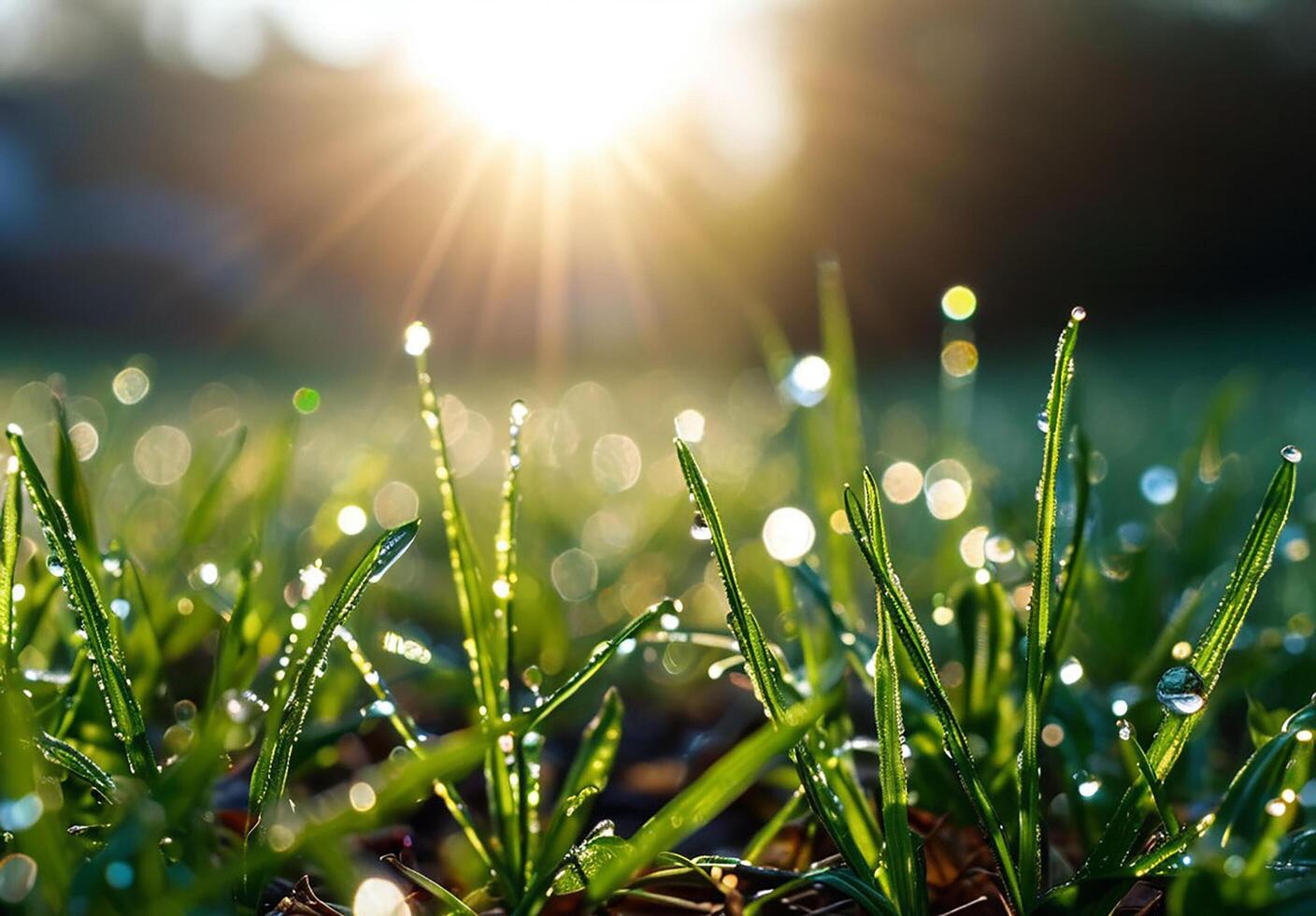 Green grass at dawn in the rays of the morning sun photo