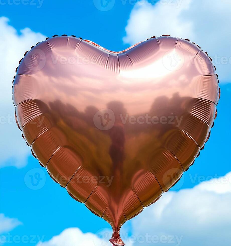 Metallic gold heart-shaped balloon floats against a bright blue sky with scattered clouds photo