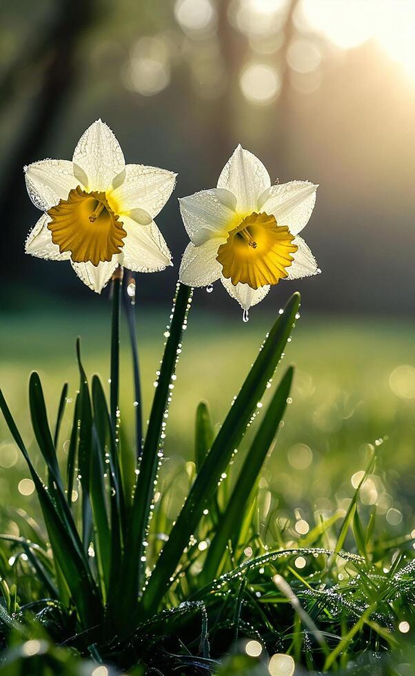 daffodils at dawn in the rays of the sun with drops photo
