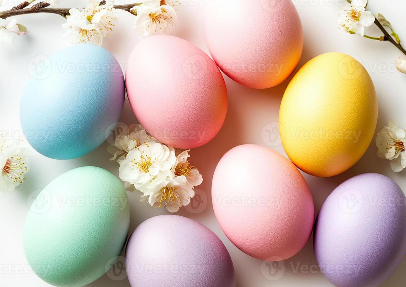 Pastel-colored eggs in shades of pink, blue, yellow, purple, and green are arranged on a white surface photo