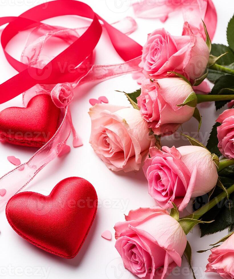 Pink roses, hearts and ribbon on white background. Valentines day background. photo