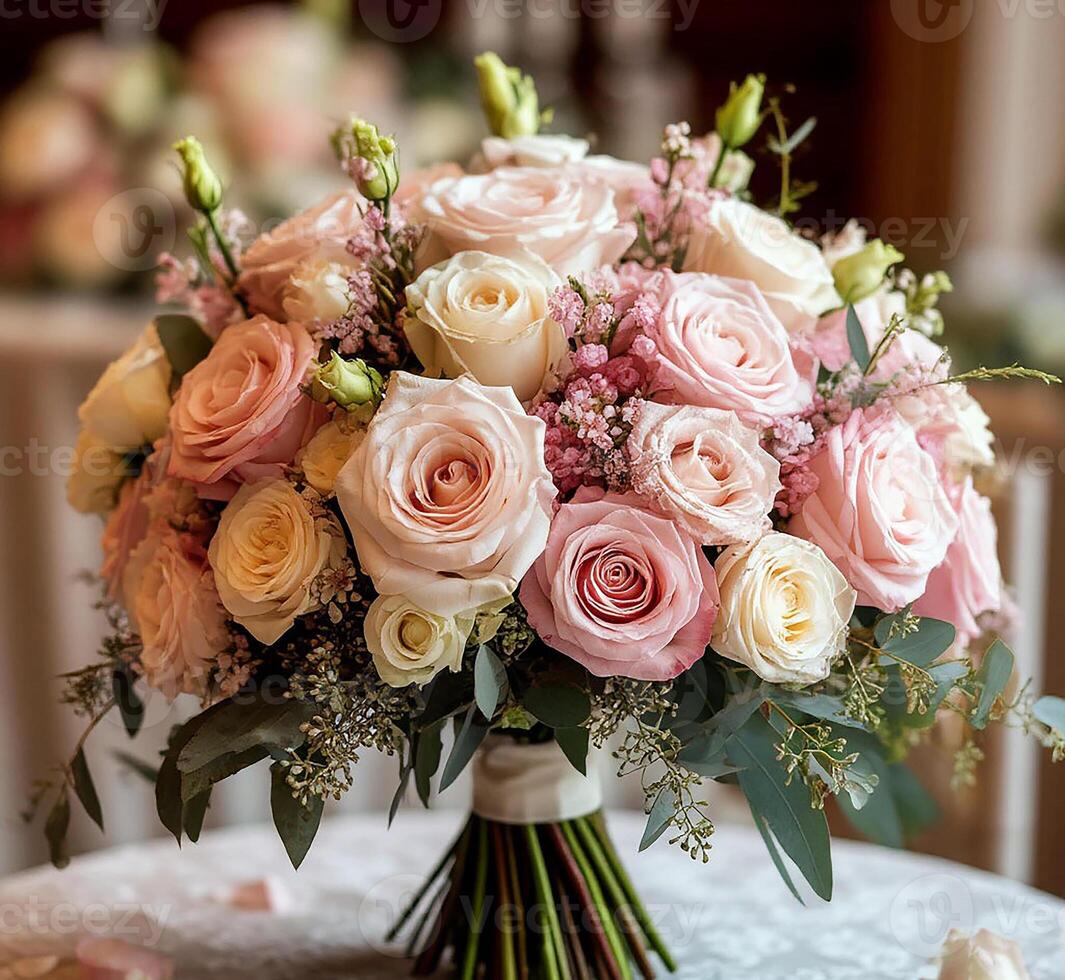 A beautiful bouquet featuring a mix of pink and cream roses photo