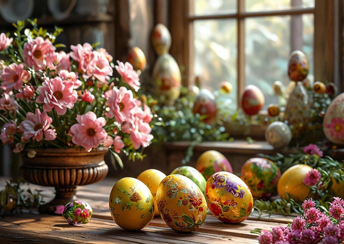 easter eggs and pink flowers, spring photo