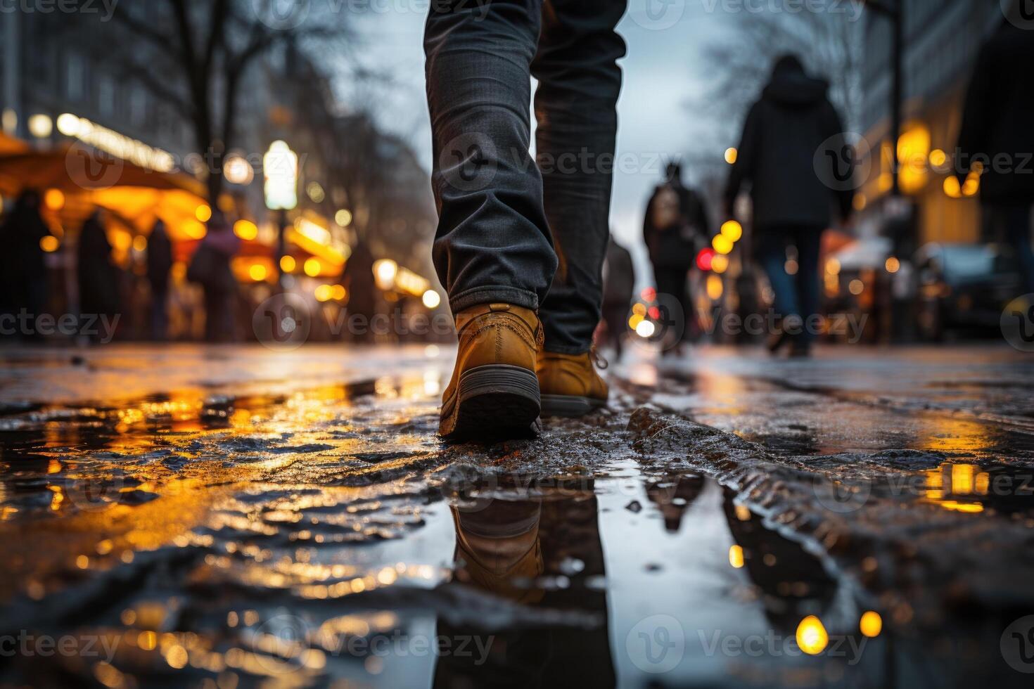 People's feet navigate city streets with puddles and slush from a unique bottom view photo