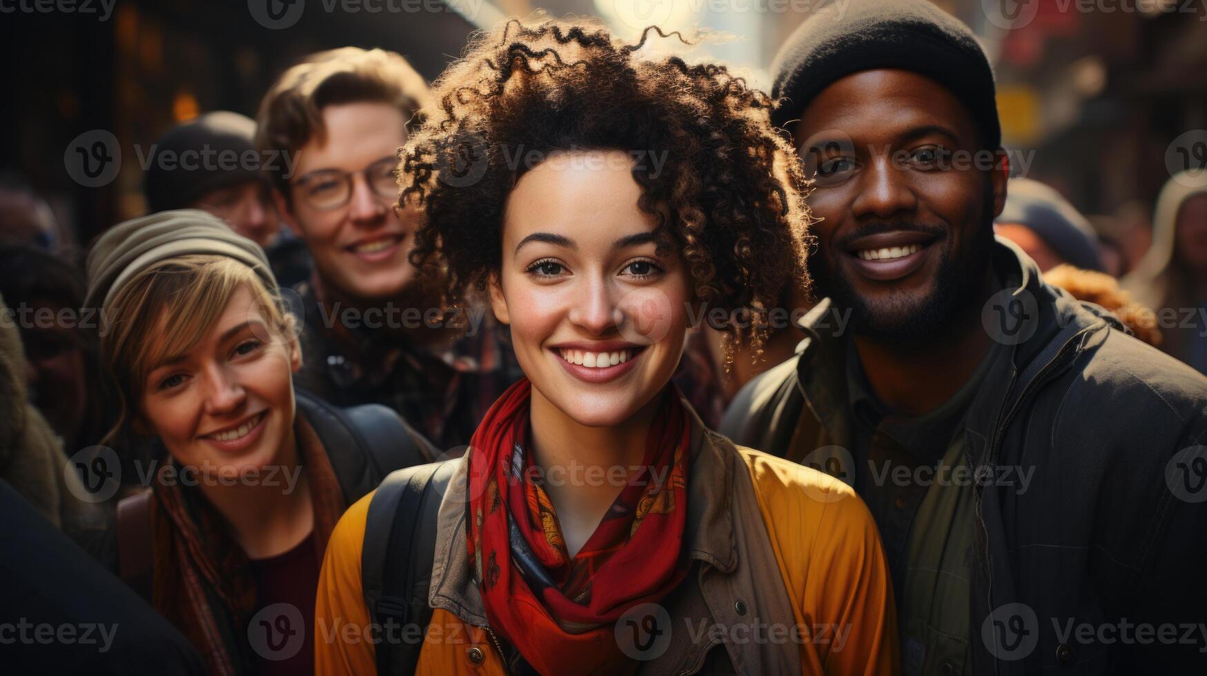 A diverse group of people, men, and women, smiling together in an urban setting photo