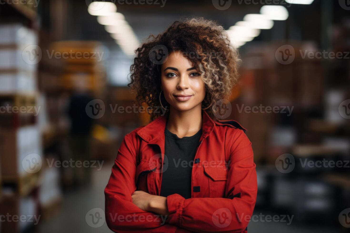 Professional female storekeeper in uniform managing inventory in a vast warehouse. Organized logistics and efficient storage. photo