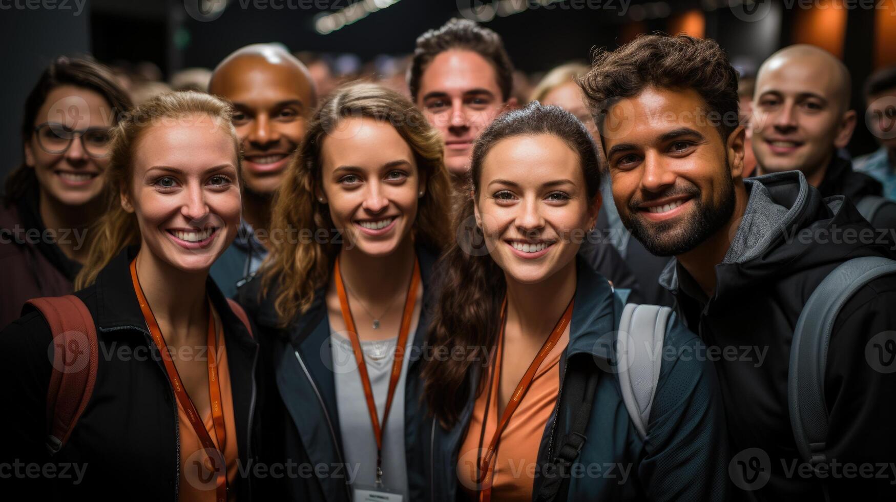 A group of young, joyful participants at a business conference, engaged in networking and learning. photo