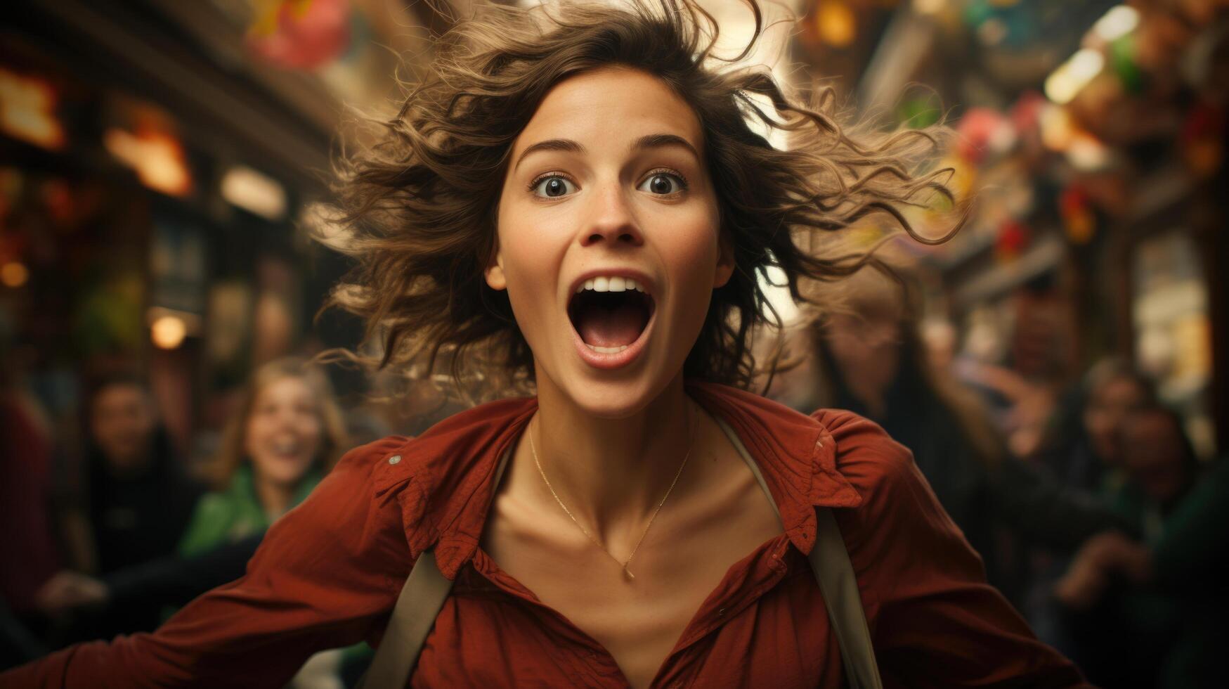 Portrait of a young woman with her mouth open in delight amidst a backdrop of enthusiastic people photo