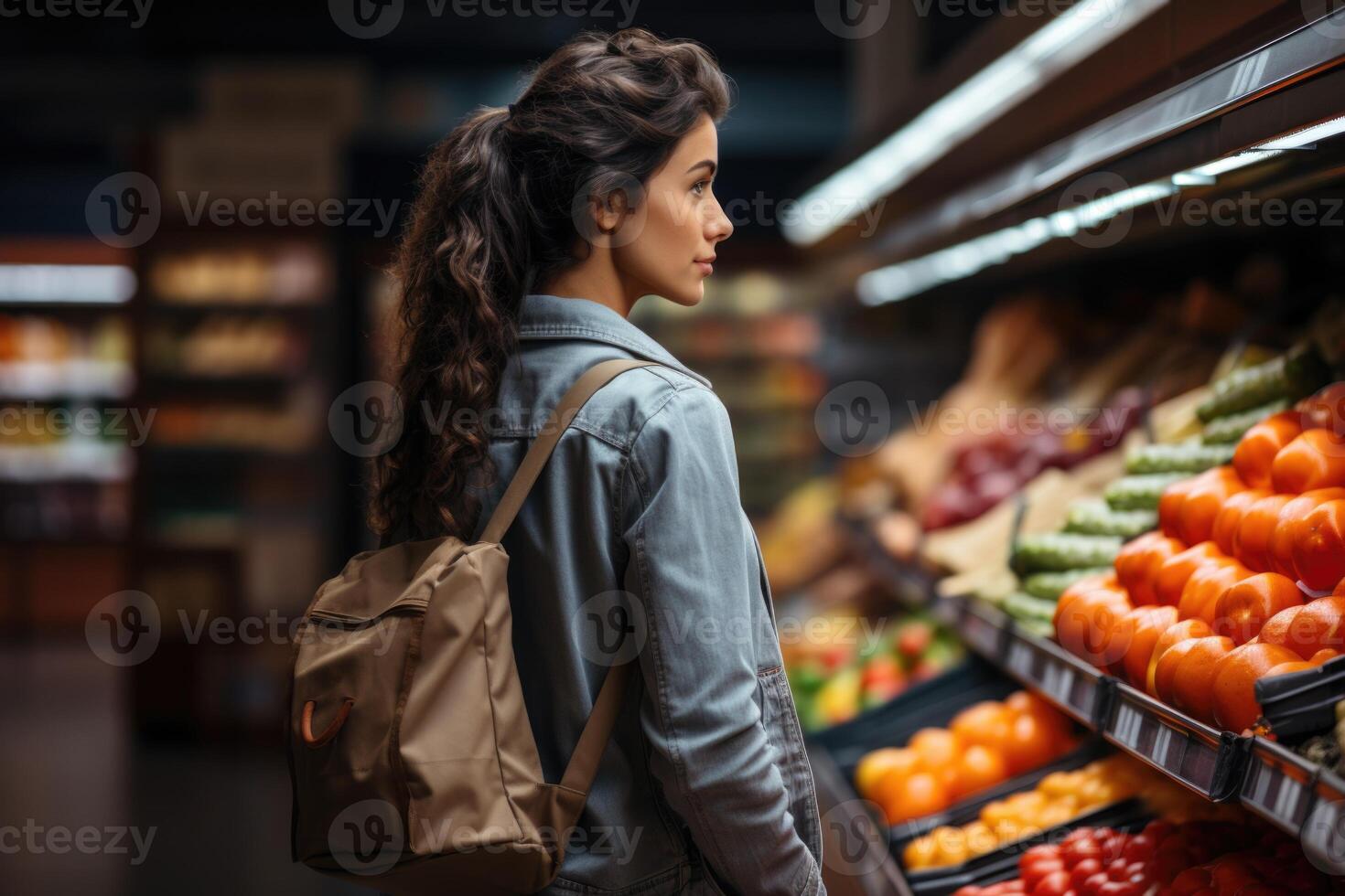 A young woman browses the shelves of a supermarket, inspecting various products with interest. photo