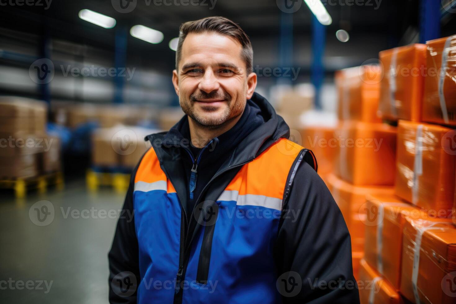 delivery worker in a bustling warehouse. Streamlined logistics and organized shipping operations photo
