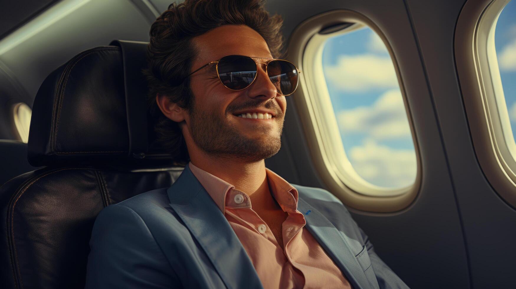 A contented young businessman by the airplane window, finding joy in his journey, success, and the view. photo