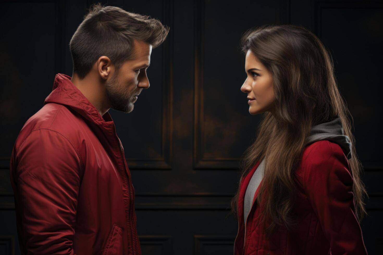 Young man and woman exchange strained looks while discussing young family issues. photo