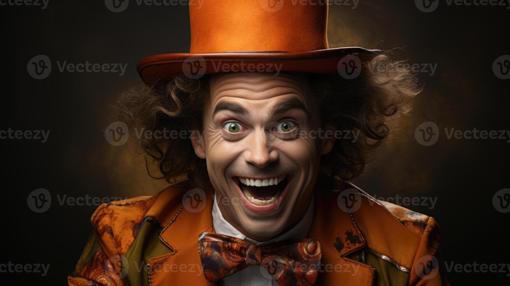 A portrait of a cheerful comedian in a hat, radiating humor and laughter, ready to entertain. photo