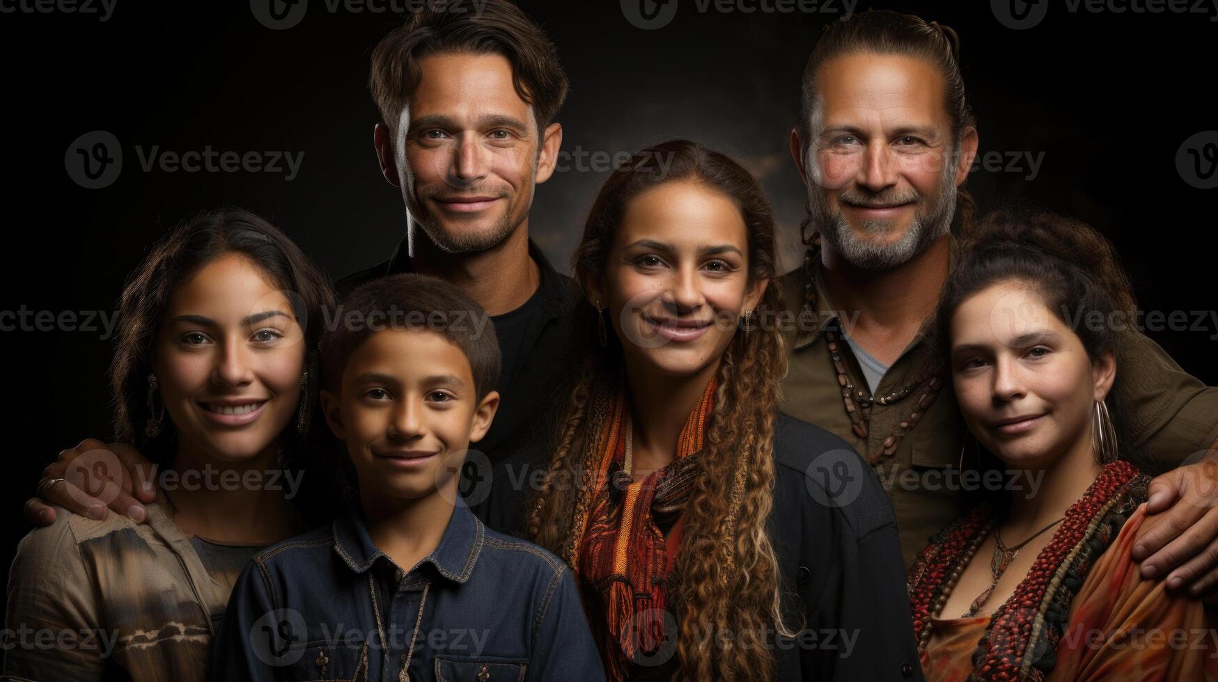 Portrait of a happy family over dark background. Multi ethnic group. photo