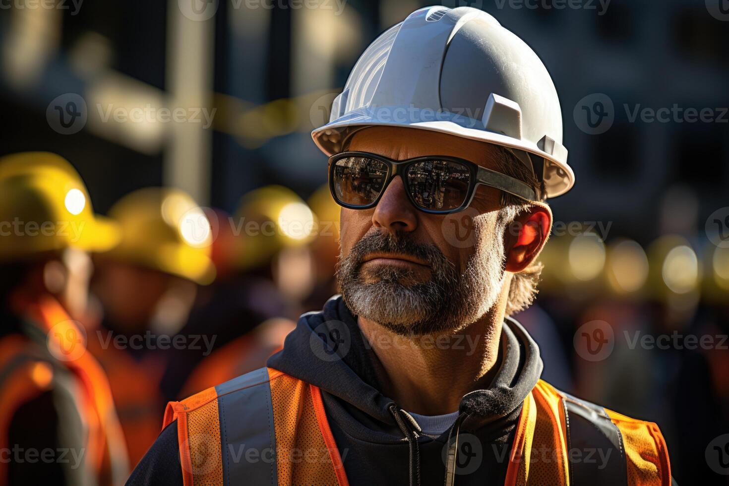 Portrait of a worker wearing a hard hat, ready for the job. photo