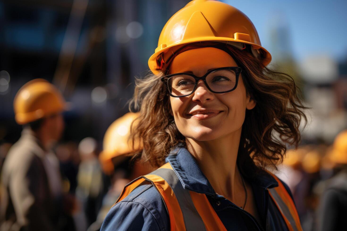 Portrait of a female worker in a hard hat, ready for the job. photo
