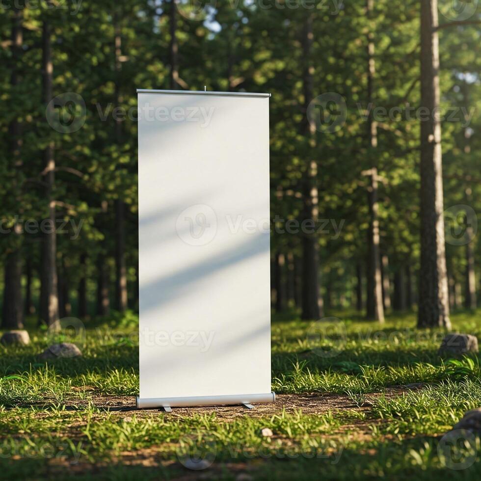 A mock rollup banner in a forest photo