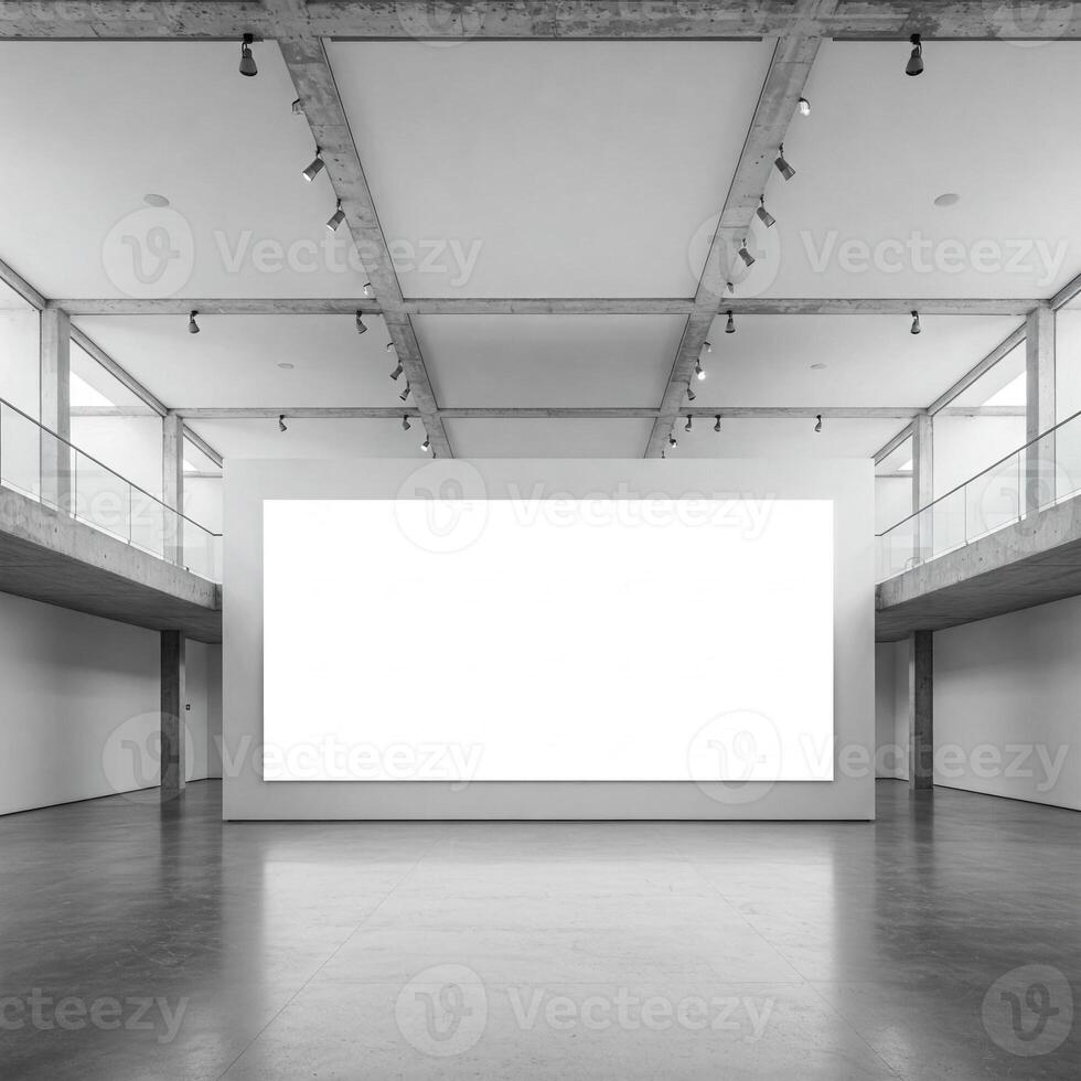 A large white frame in a large empty gallery room photo