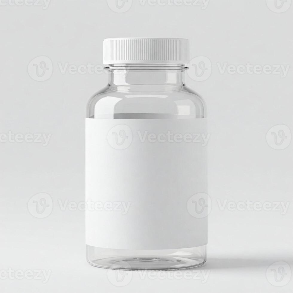 An empty medicine bottle with a plain white label photo