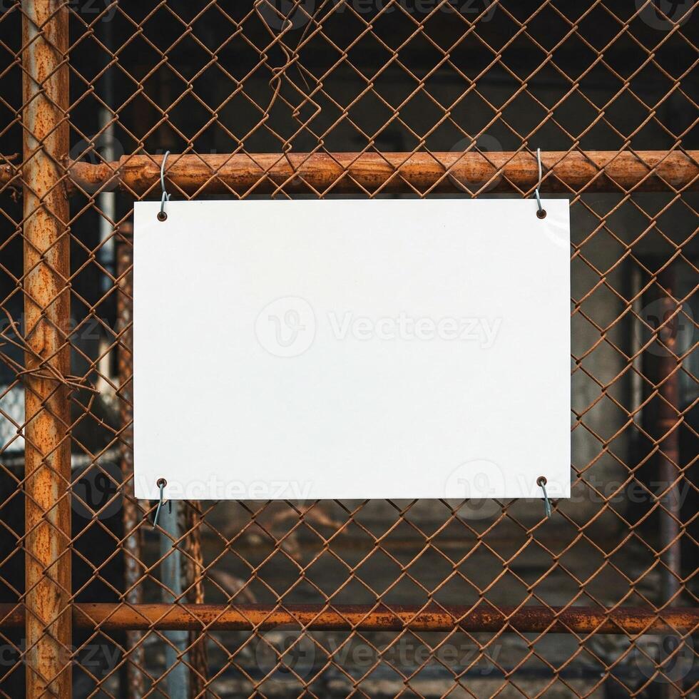 A mock white frame on an old rusty chain link fence and gate photo