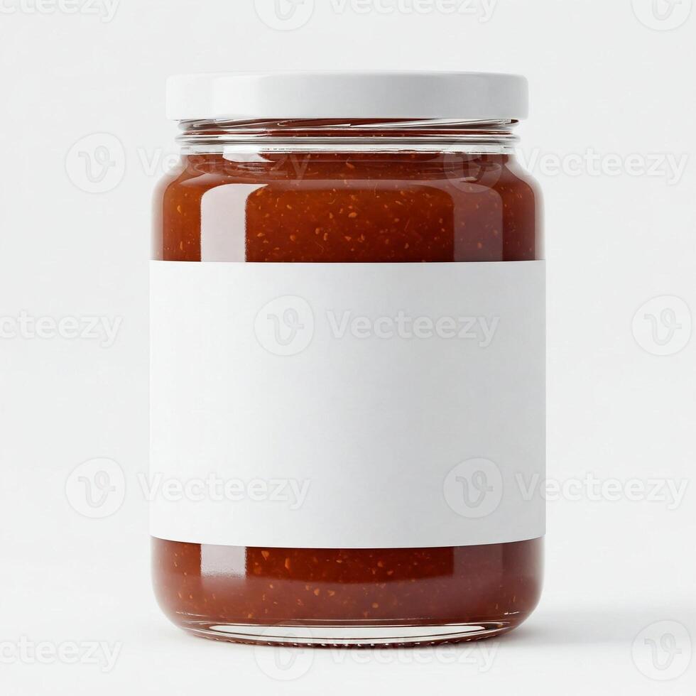 A jam jar with a plain white label isolated on white photo