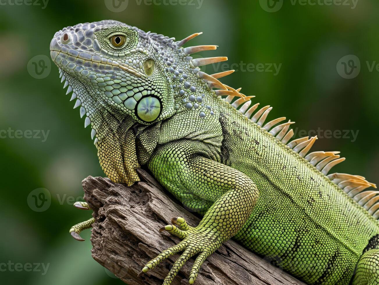 Close-up portrait of a Green Iguana resting on a tree branch photo