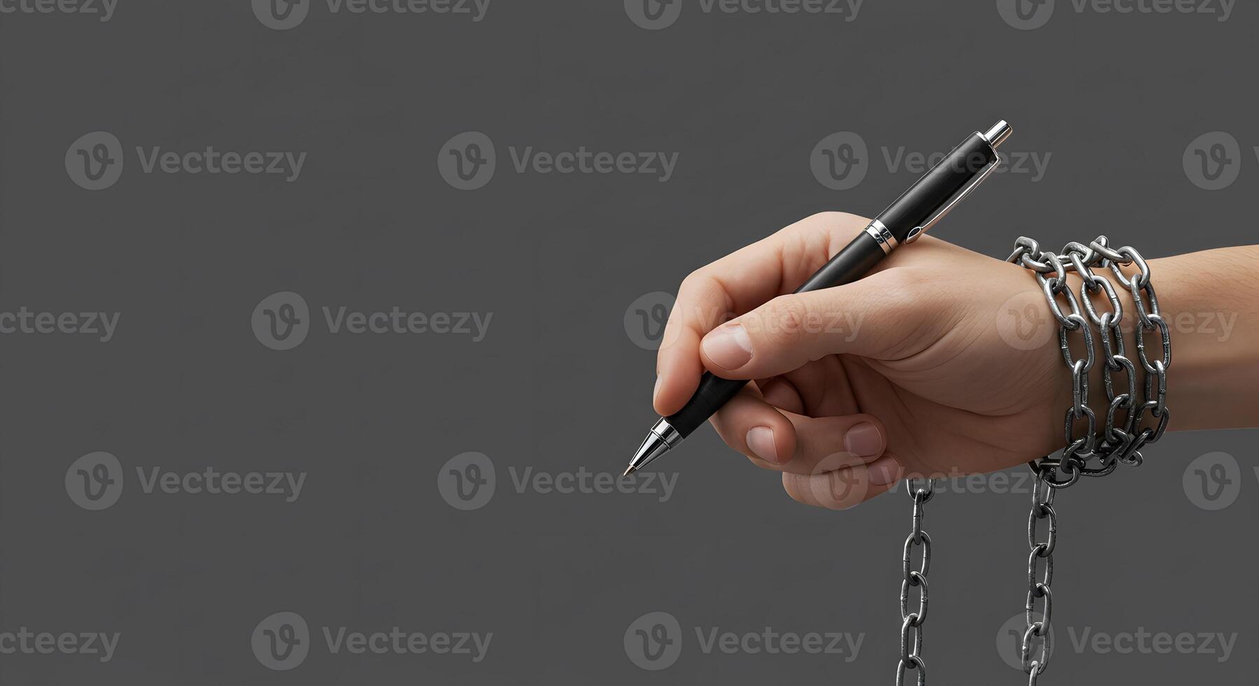 A person's hand holding a pen and chain photo