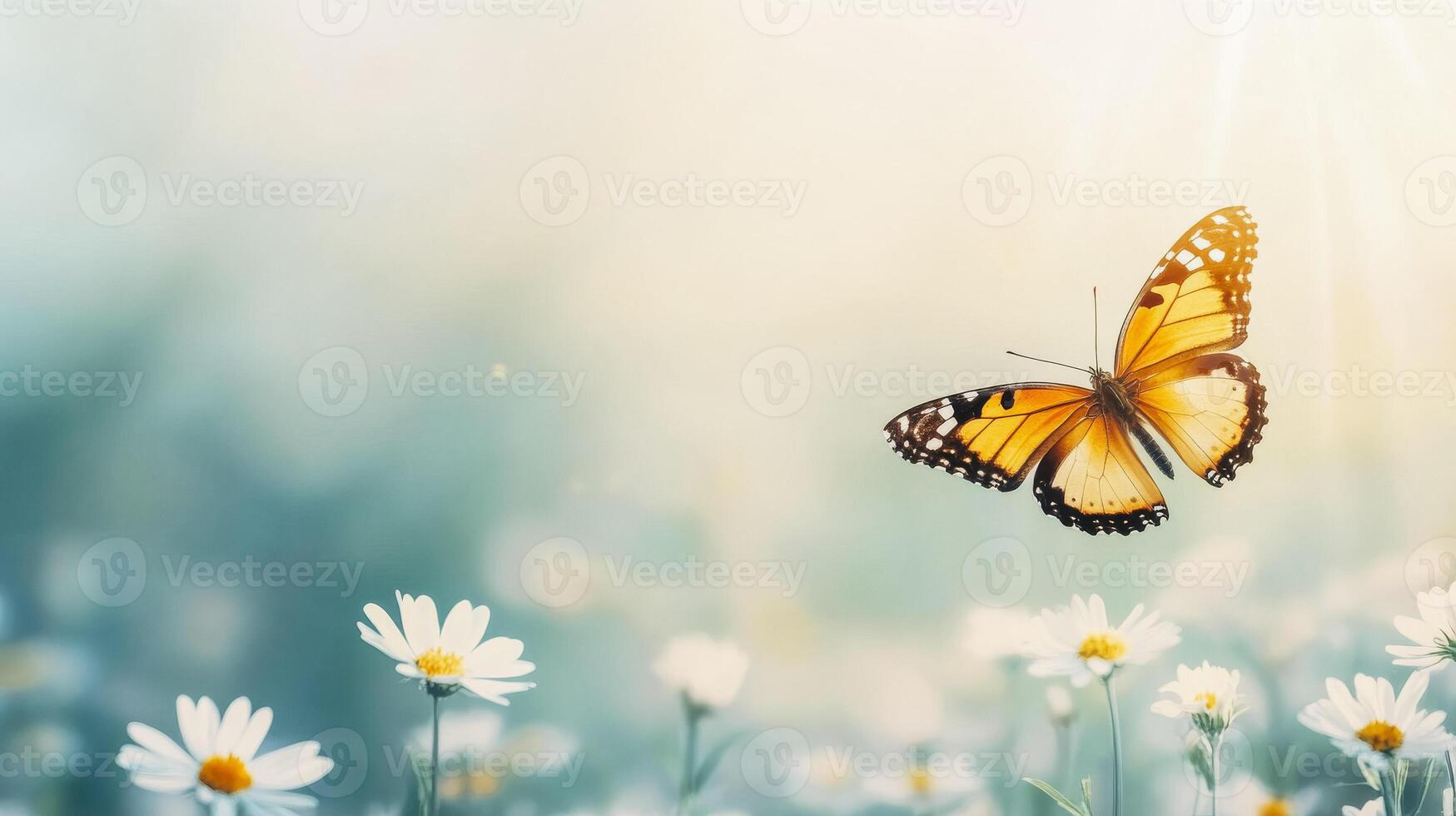 Tranquil beauty of a vibrant butterfly in a wildflower meadow at sunrise photo