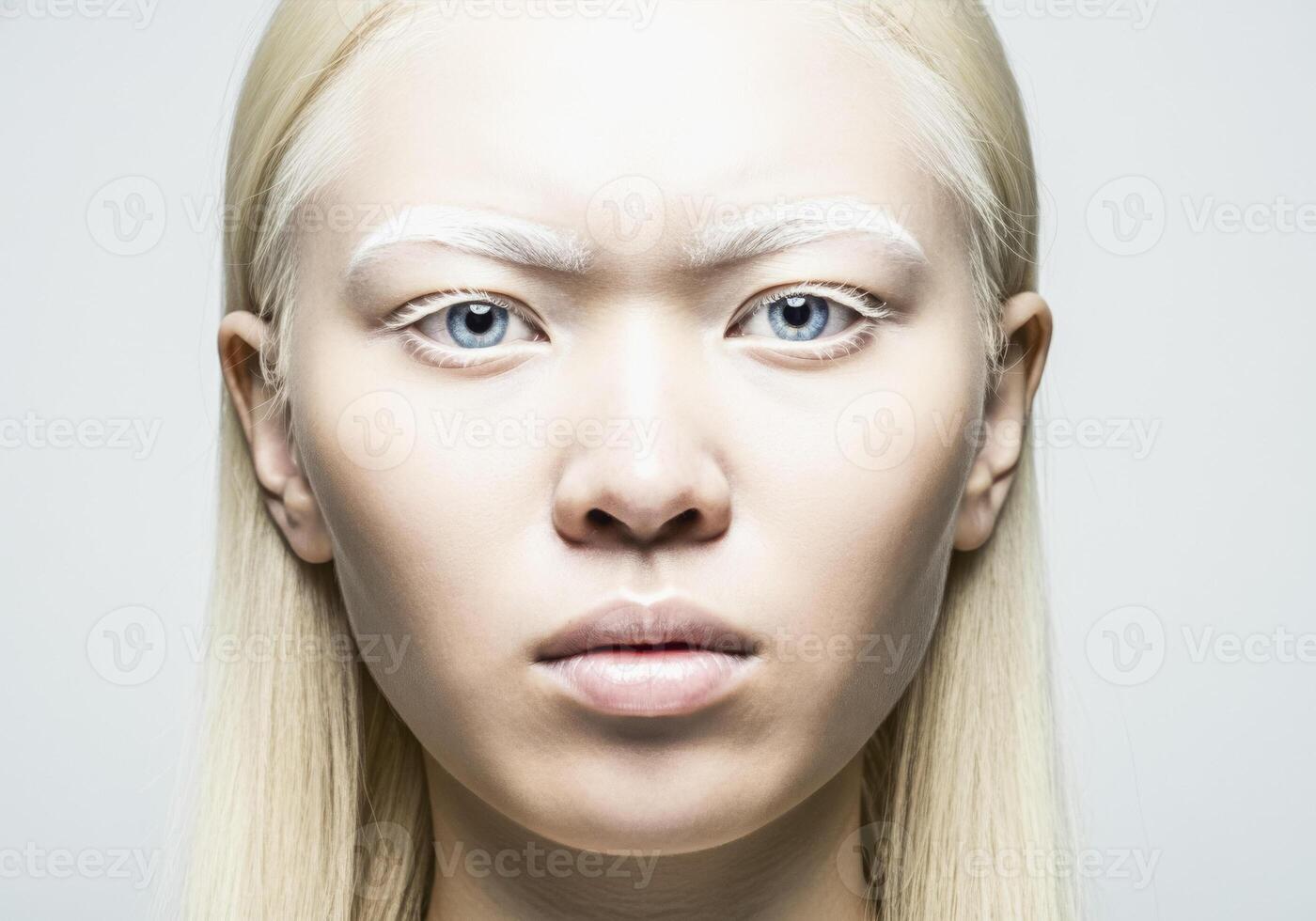 Monochrome aesthetic portrait of a person with platinum blonde hair and unique makeup artistry photo