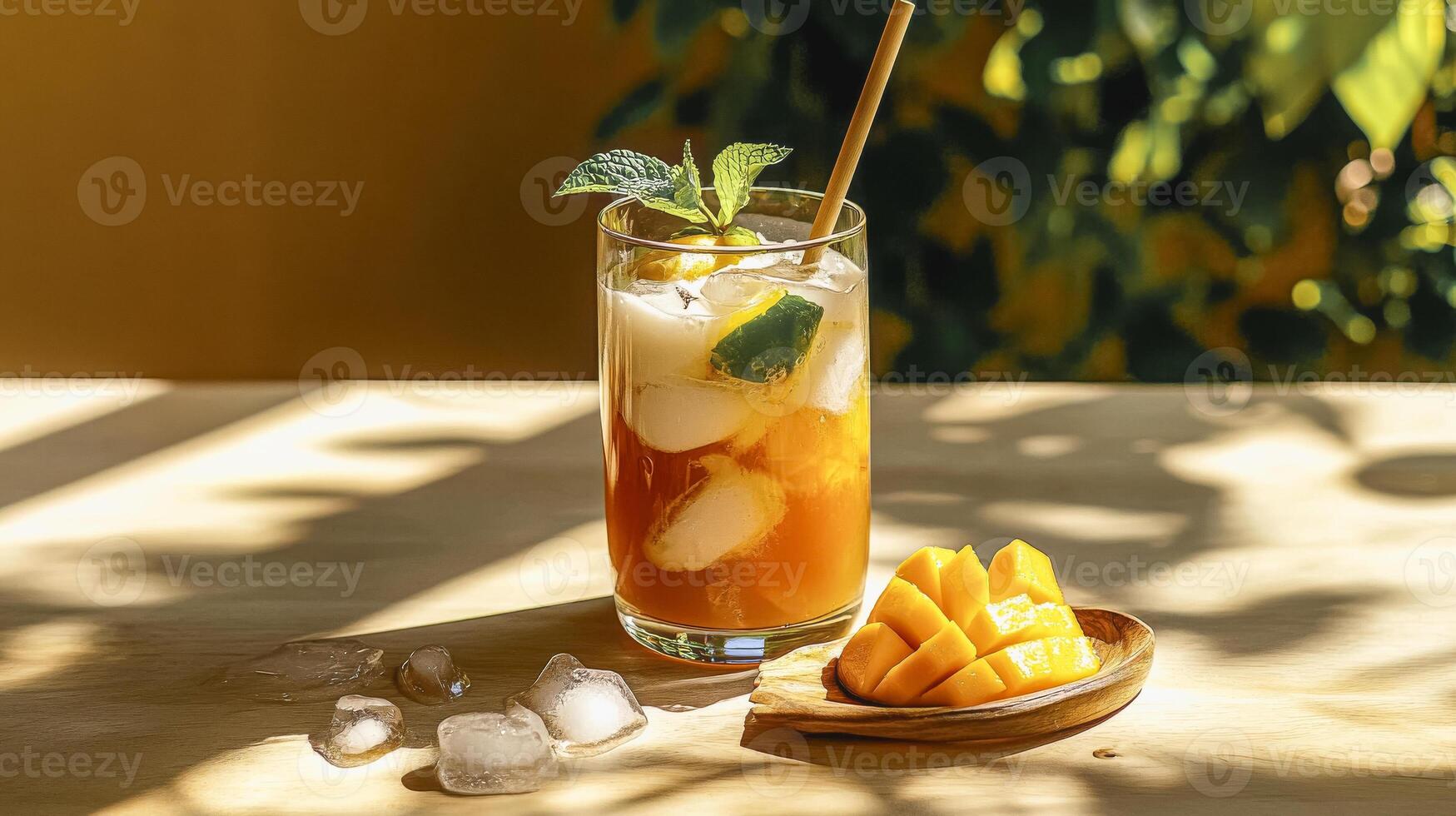 Refreshing tropical iced tea with mango and mint in sunlit setting photo