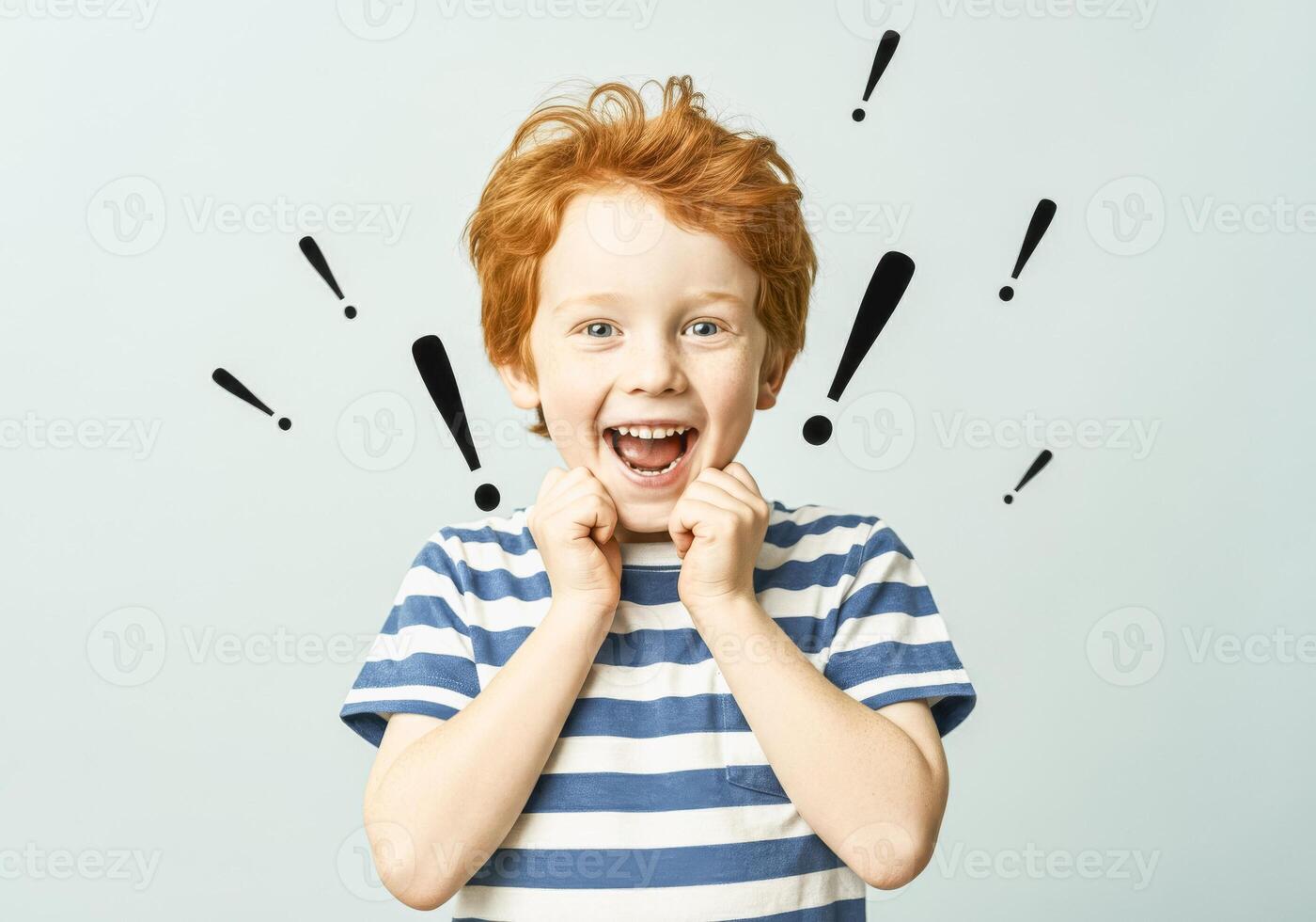 Joyful child with exclamation graphics - expressive portrait for children's design photo