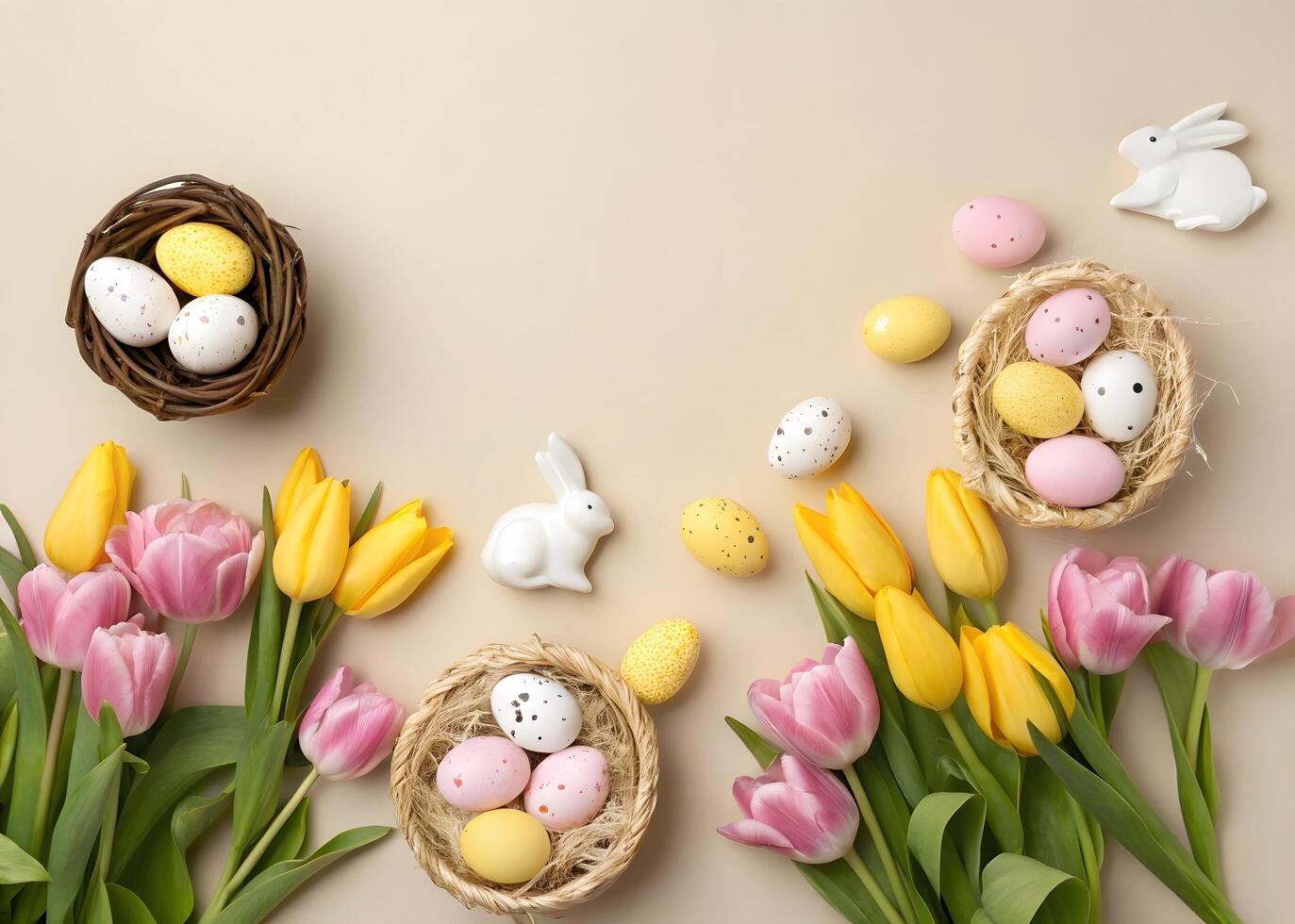 Flat Lay Arrangement of Easter Themed Objects Photo