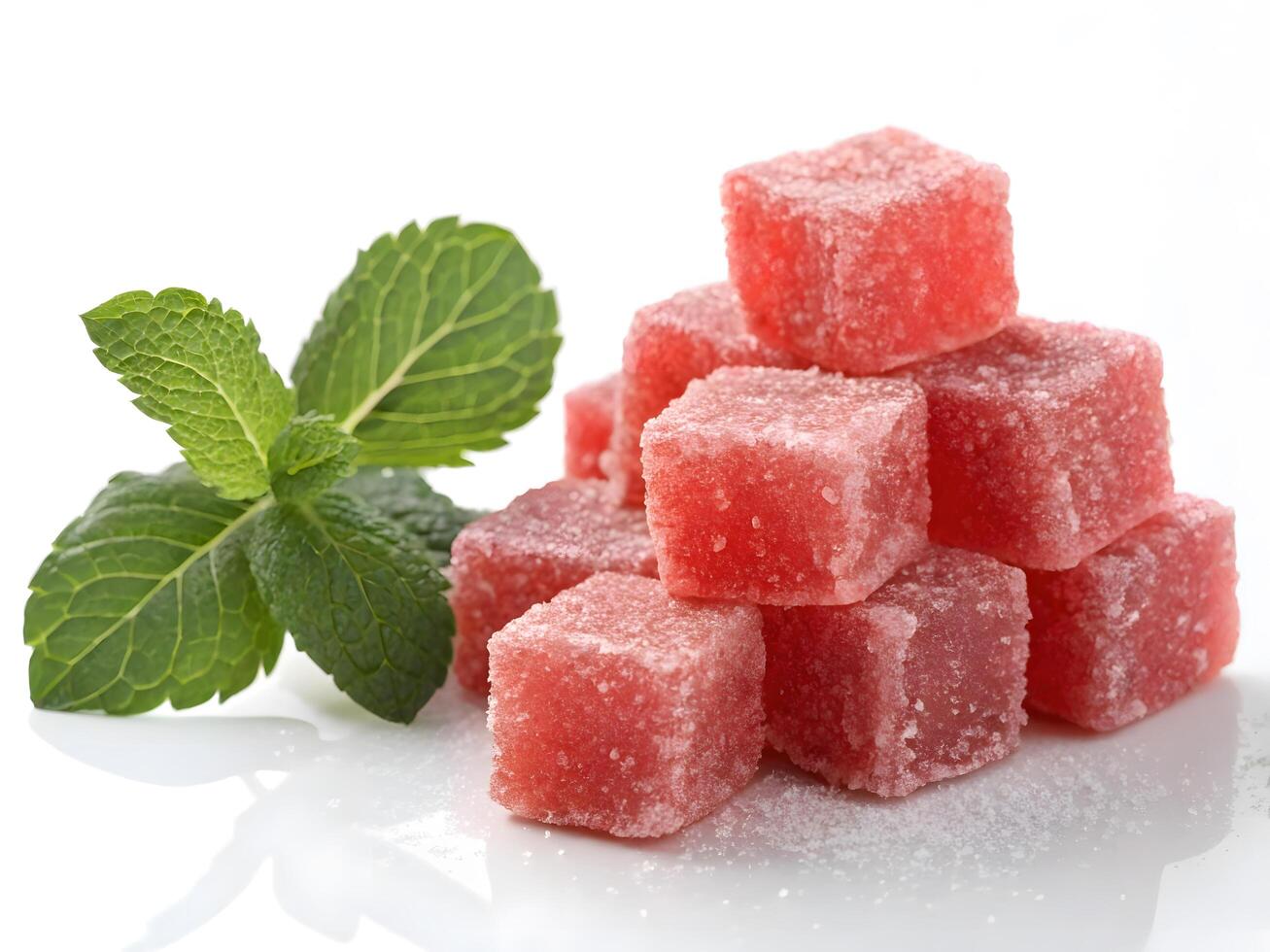 Pile of Red Sugar Cubes with Fresh Mint Leaf photo