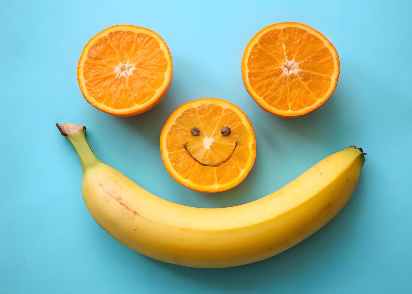 Happy Fruit Face with Oranges and Banana on Blue Background Photo