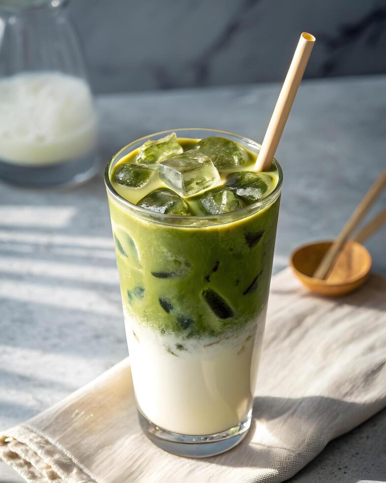 Iced Matcha Latte in Glass photo