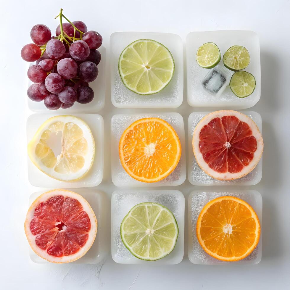 Grid of Frozen Fruit Slices Revealing Vibrant Interiors photo